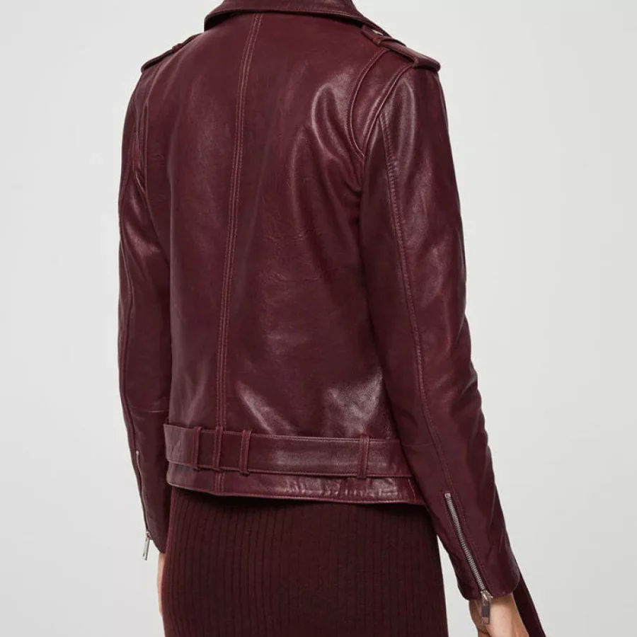 Women’s Burgundy Motorcycle Leather Jacket - Image 2