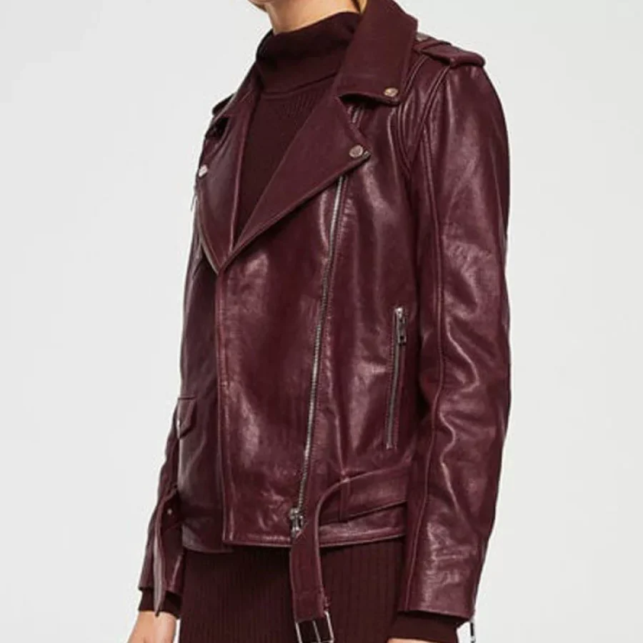 Women’s Burgundy Motorcycle Leather Jacket - Image 3